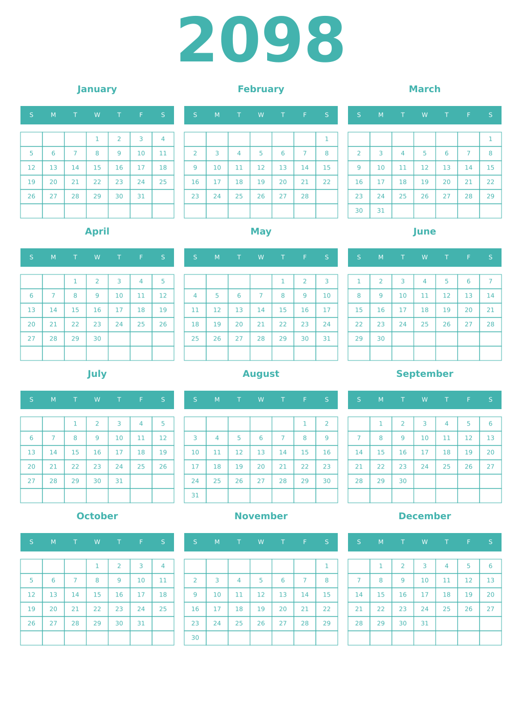 Printable 2098 Year Calendars verdigris