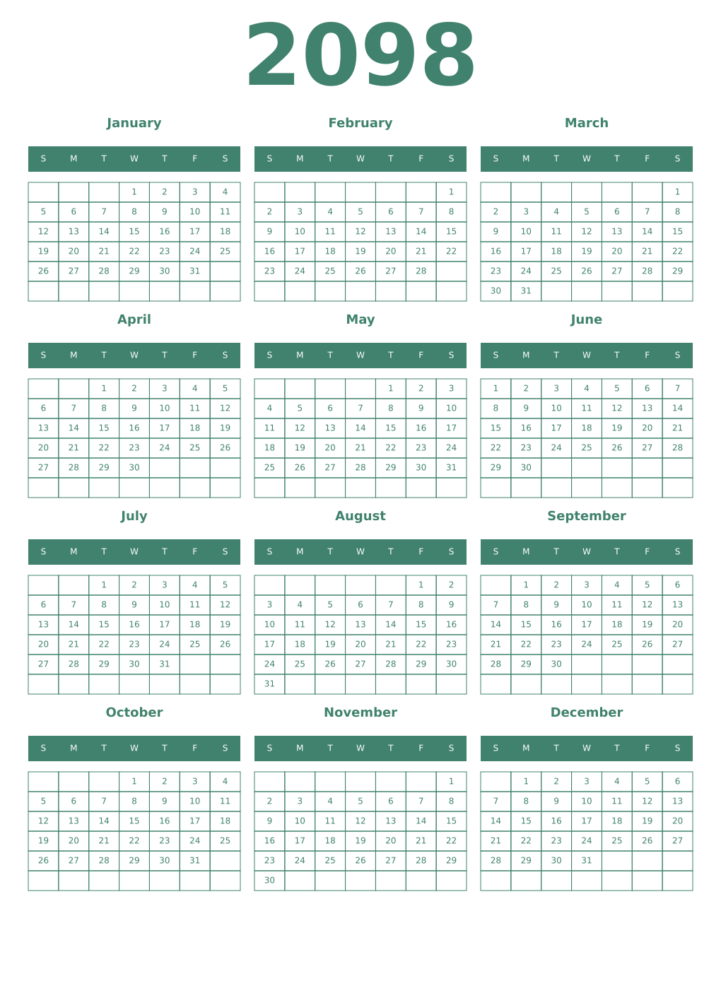 Printable 2098 Year Calendars viridian
