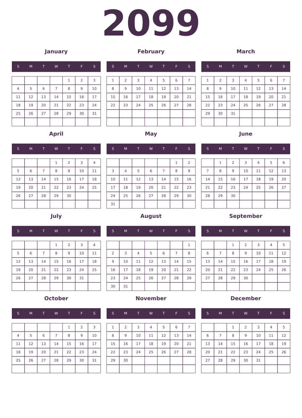 Printable 2099 Year Calendars aubergine