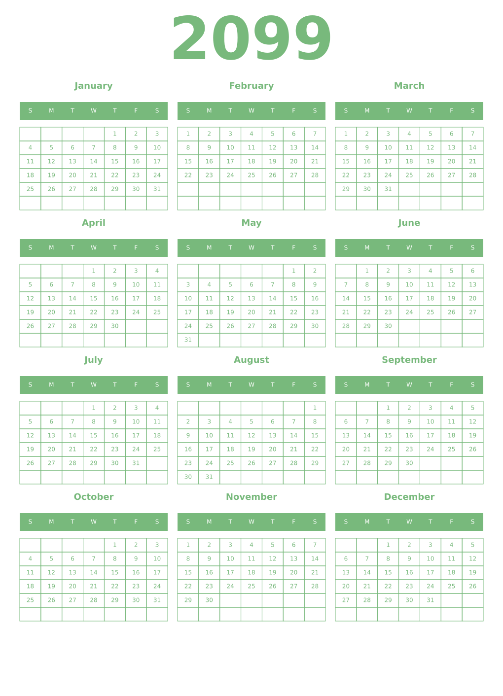 Printable 2099 Year Calendars celadon