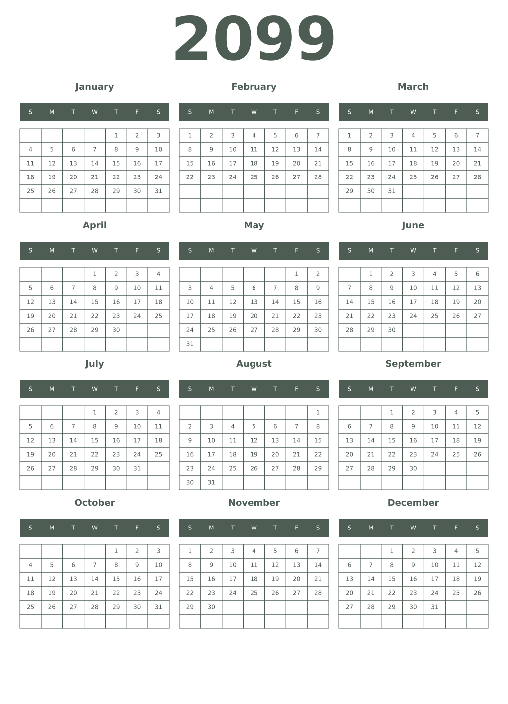 Printable 2099 Year Calendars feldgrau