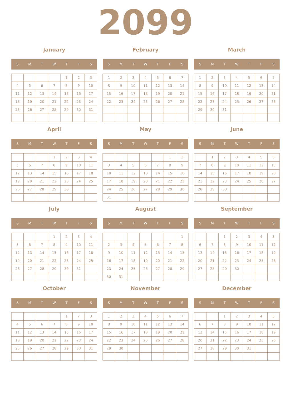 Printable 2099 Year Calendars isabelline