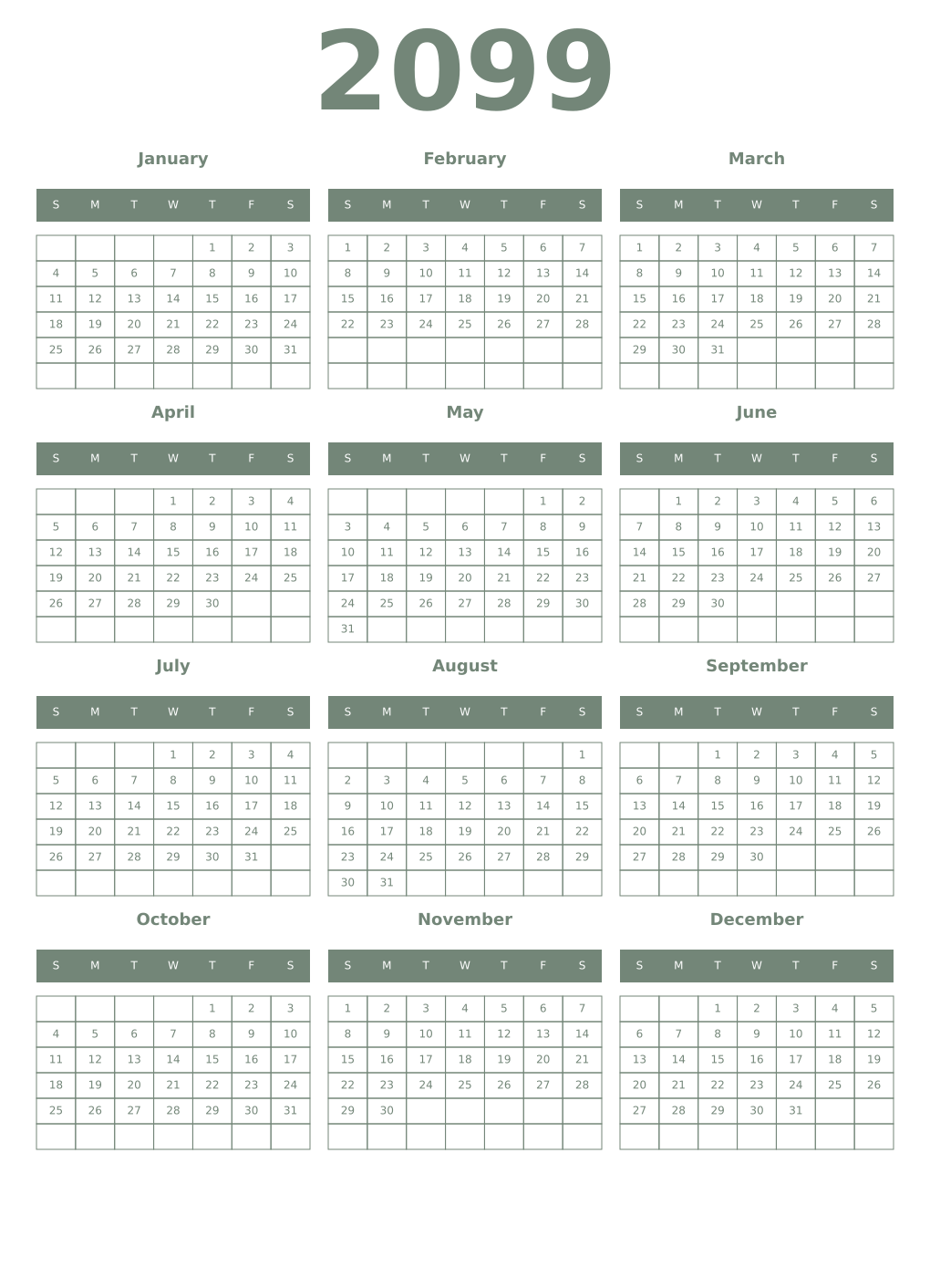 Printable 2099 Year Calendars xanadu
