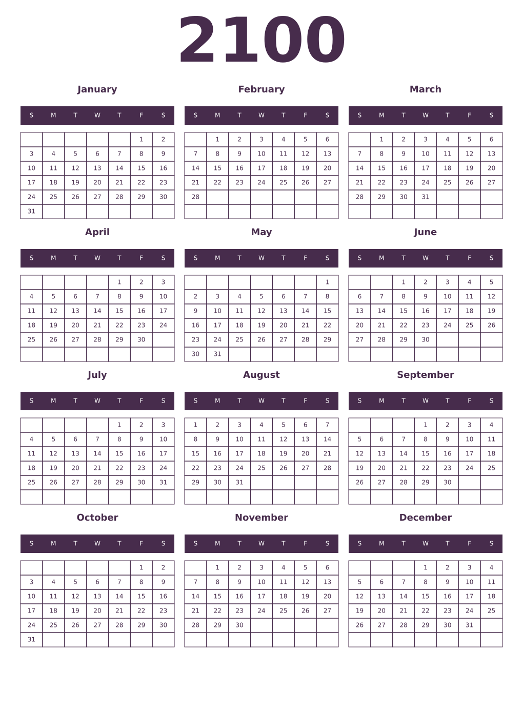 Printable 2100 Year Calendars aubergine