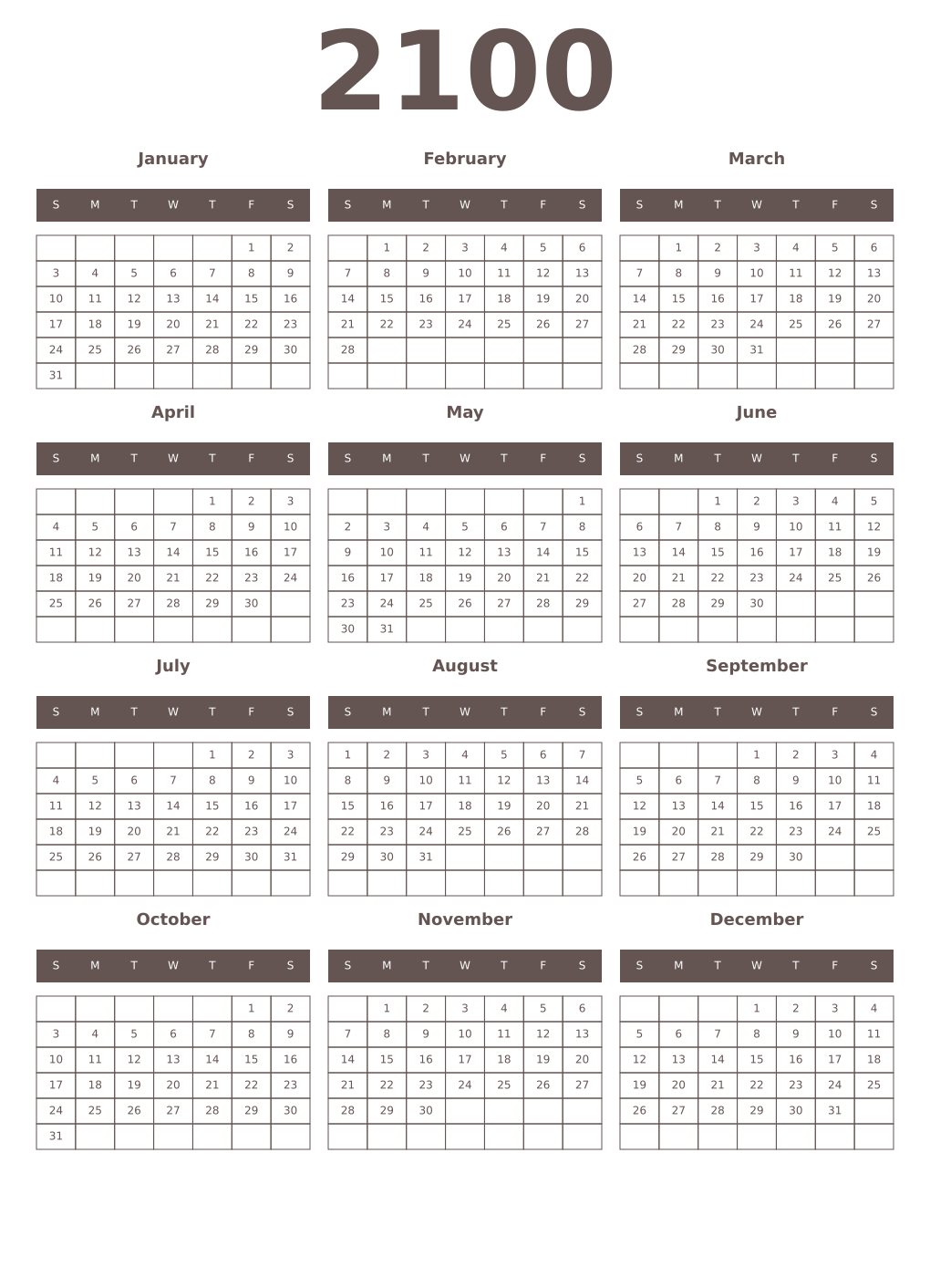 Printable 2100 Year Calendars wenge