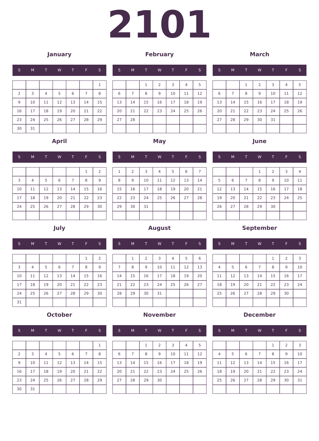 Printable 2101 Year Calendars aubergine