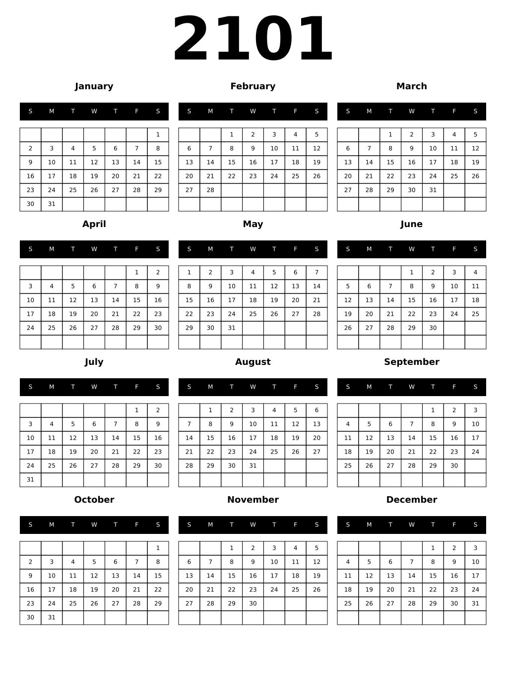 Printable 2101 Year Calendars black