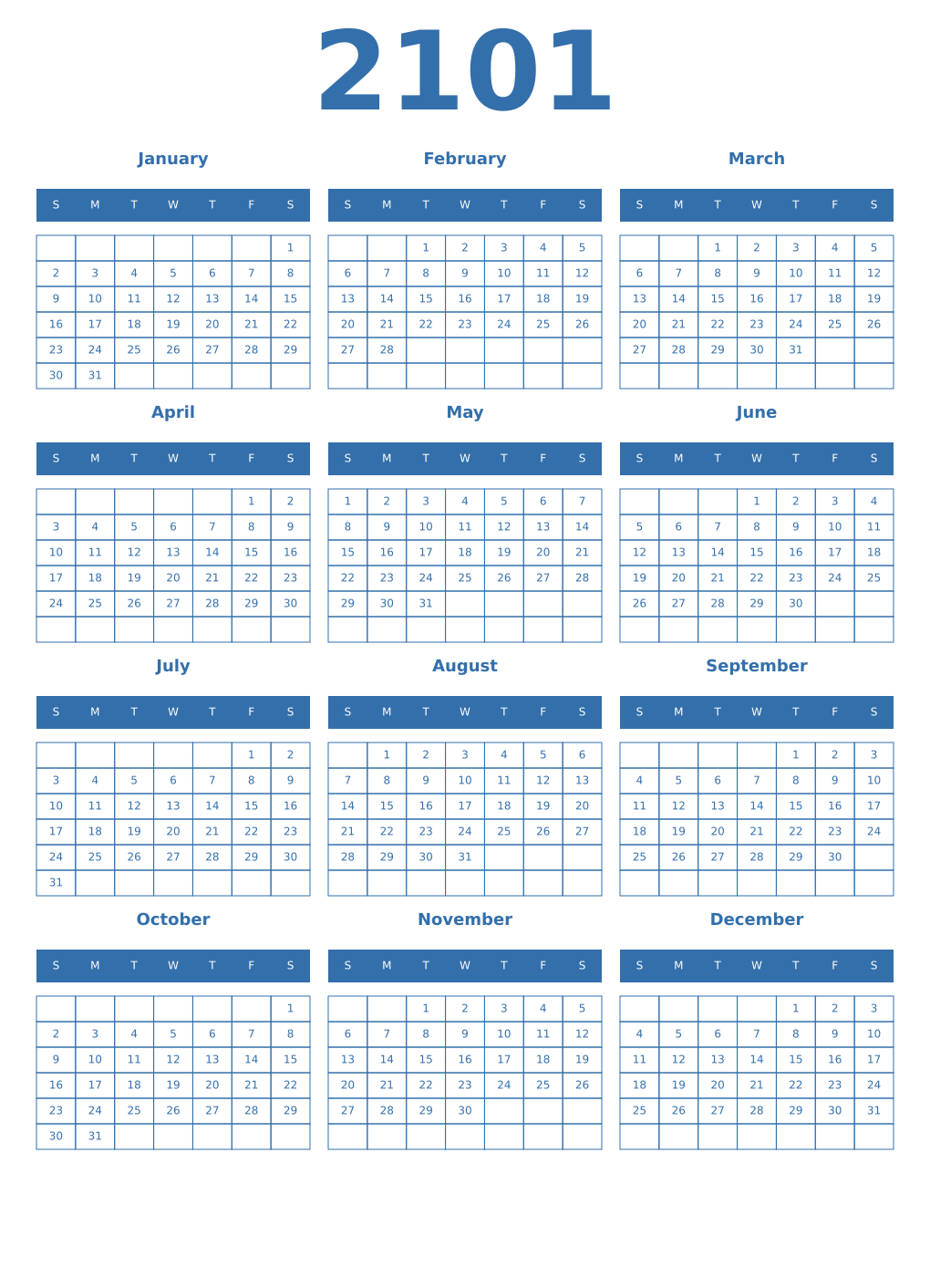 Printable 2101 Year Calendars blue