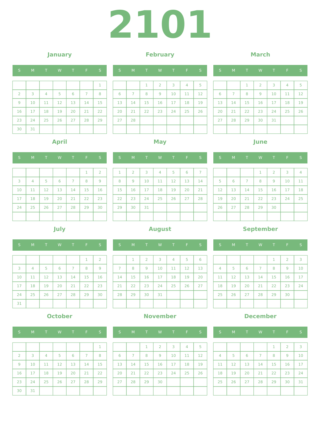 Printable 2101 Year Calendars celadon