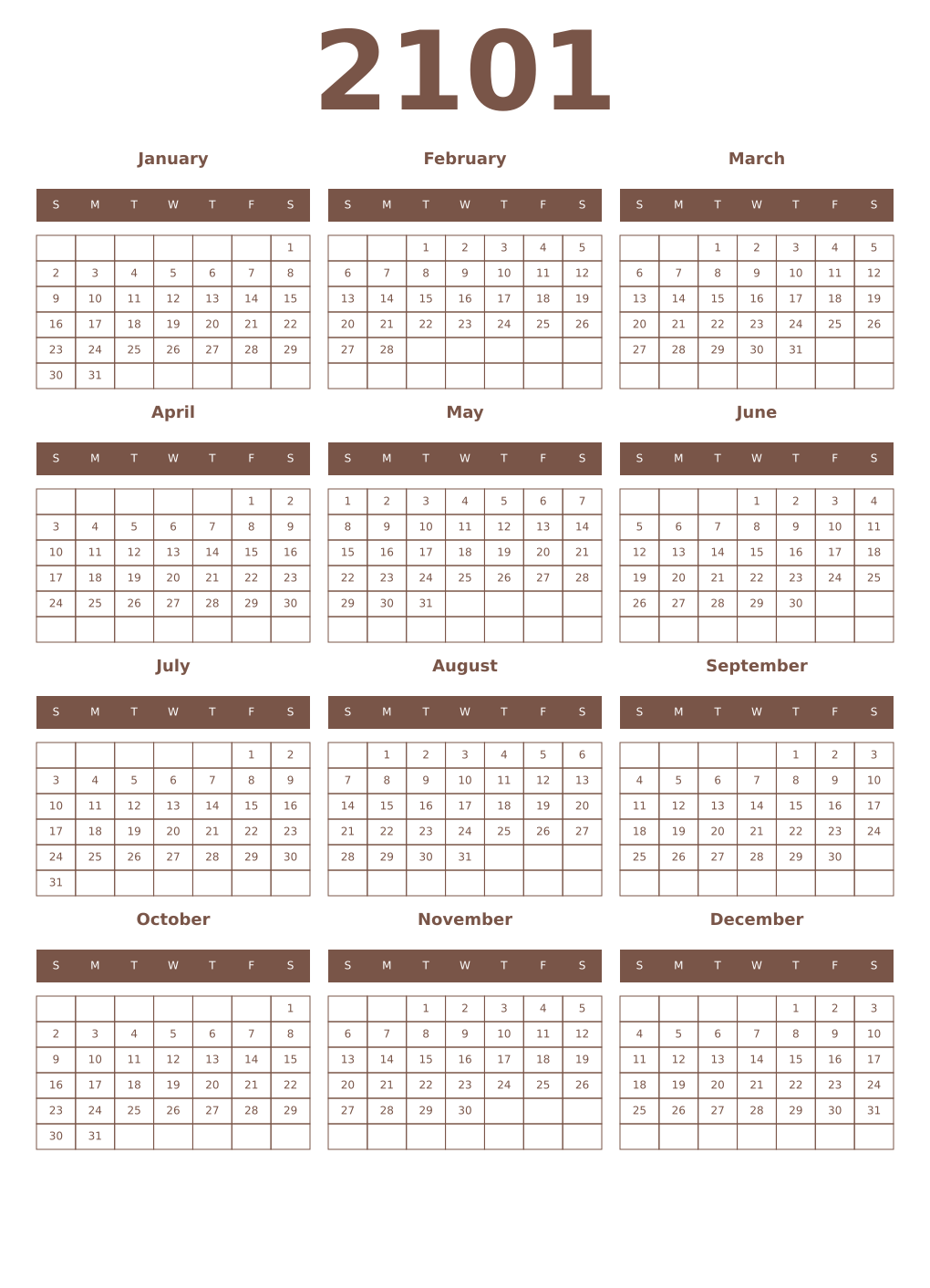 Printable 2101 Year Calendars coffe