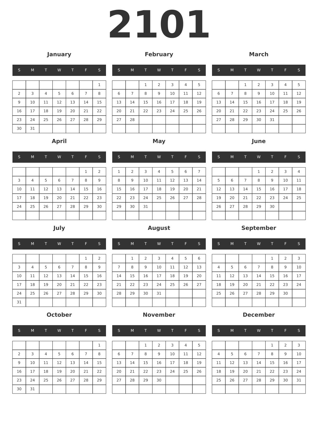Printable 2101 Year Calendars dark