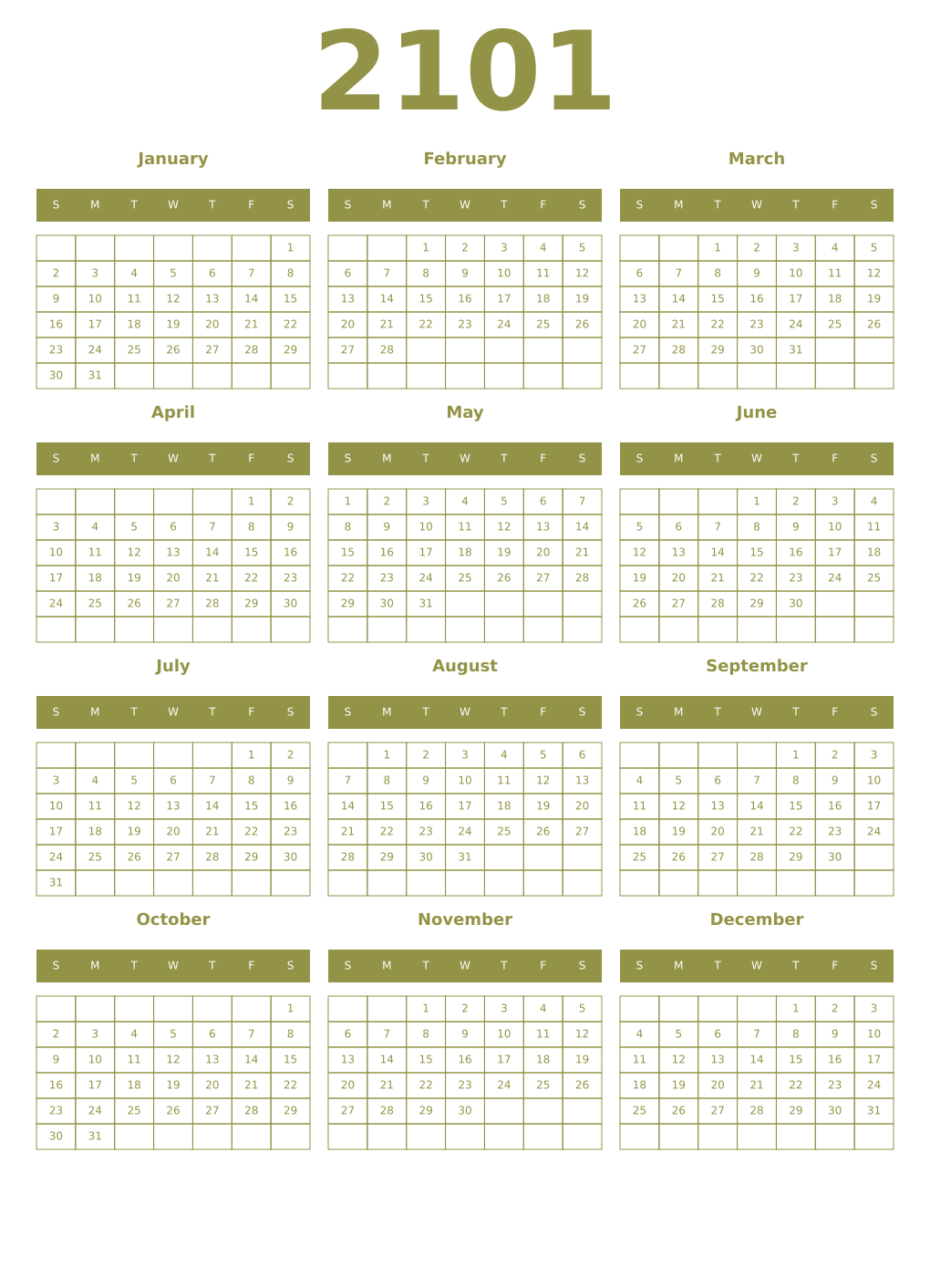 Printable 2101 Year Calendars eburnean