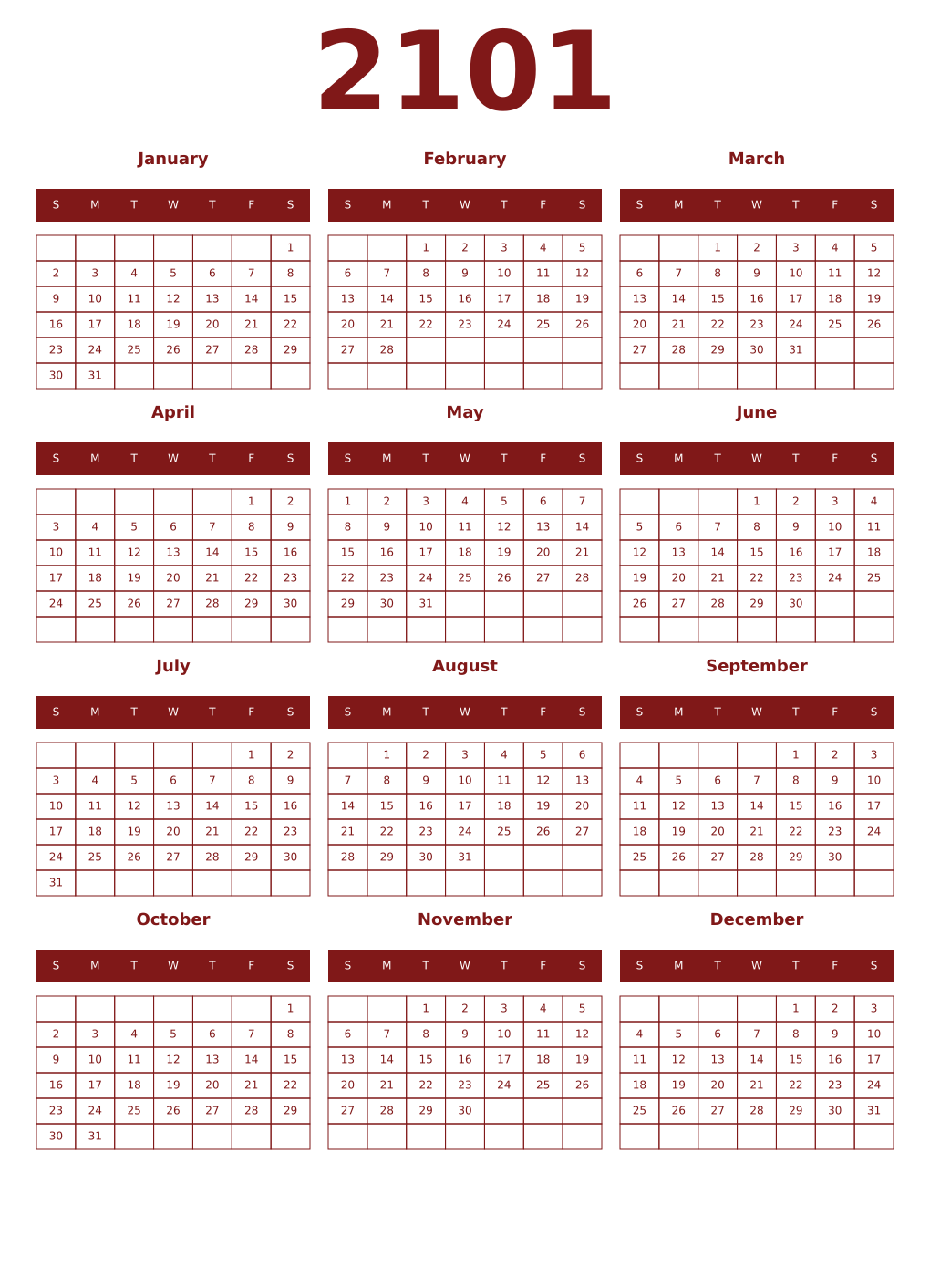 Printable 2101 Year Calendars falu