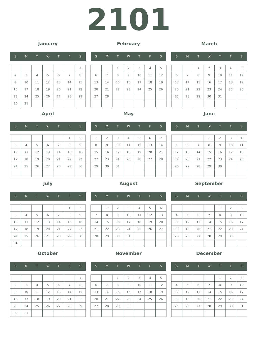 Printable 2101 Year Calendars feldgrau