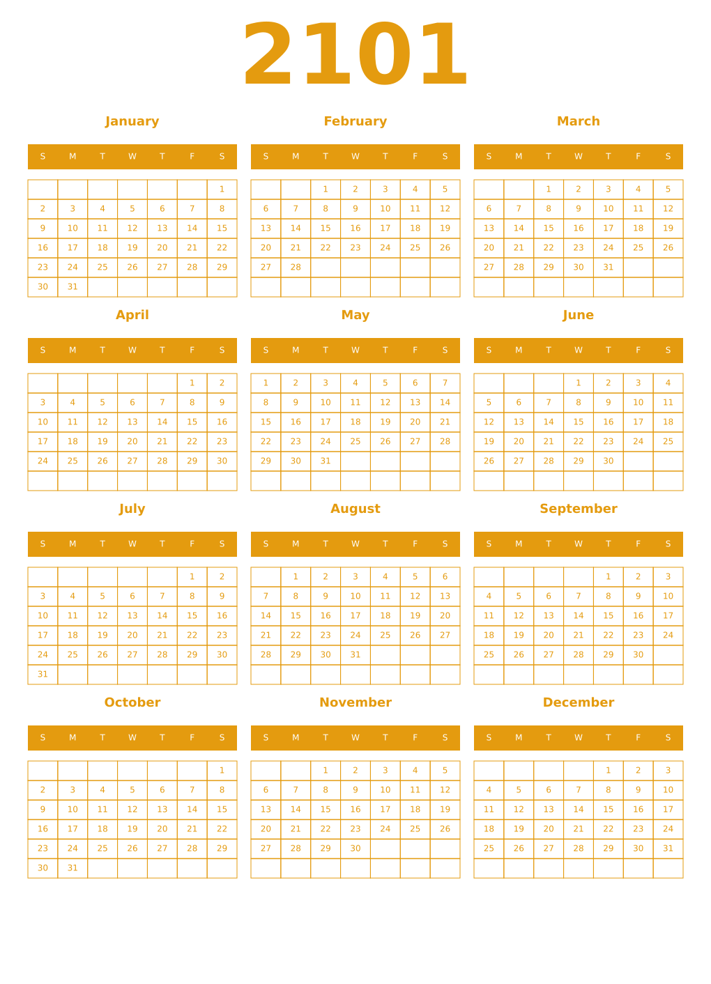 Printable 2101 Year Calendars gamboge