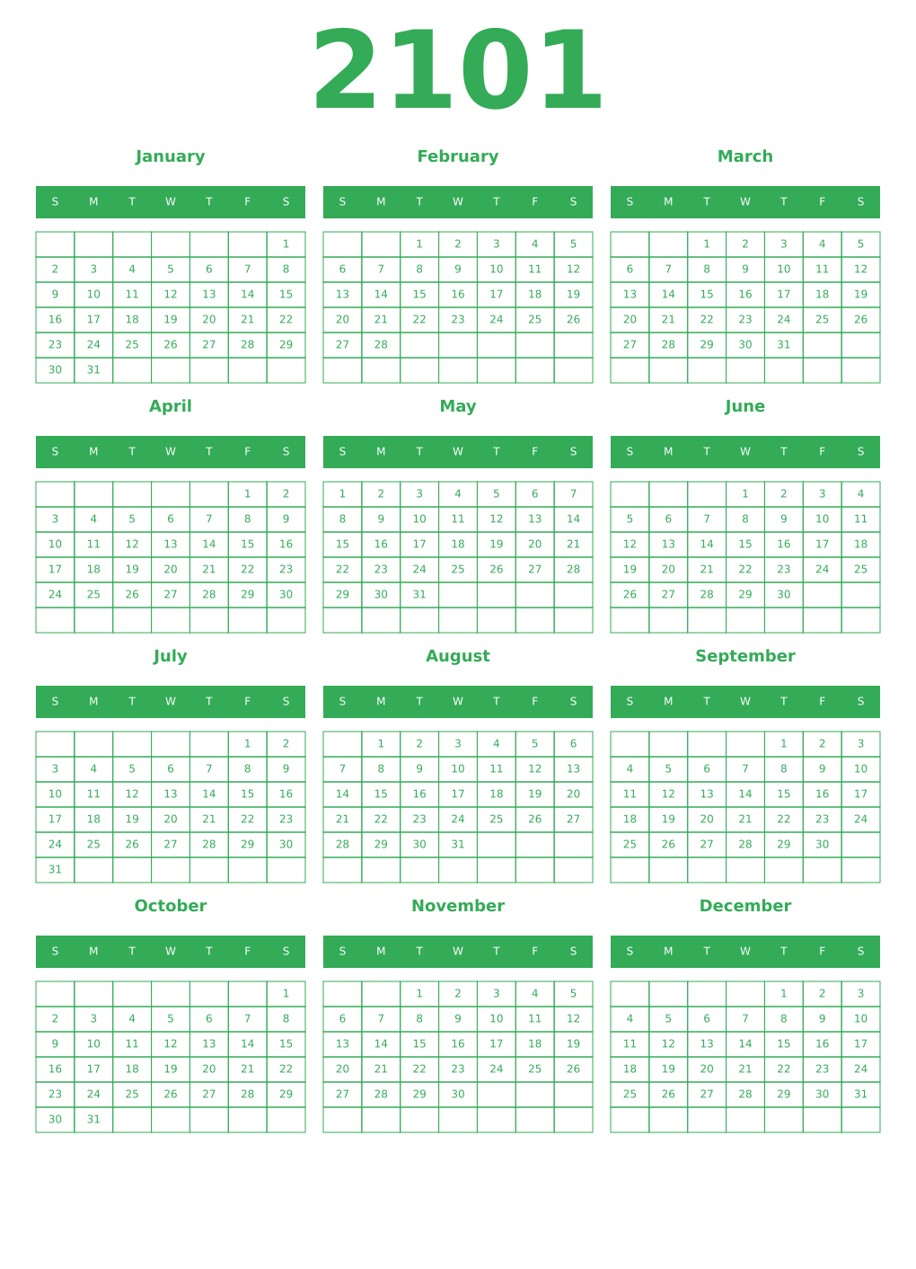 Printable 2101 Year Calendars green