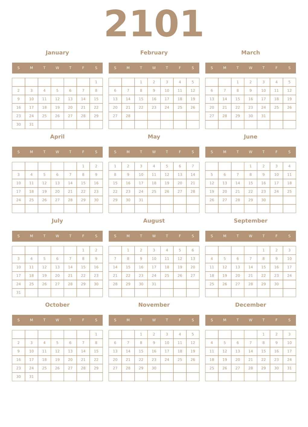 Printable 2101 Year Calendars isabelline