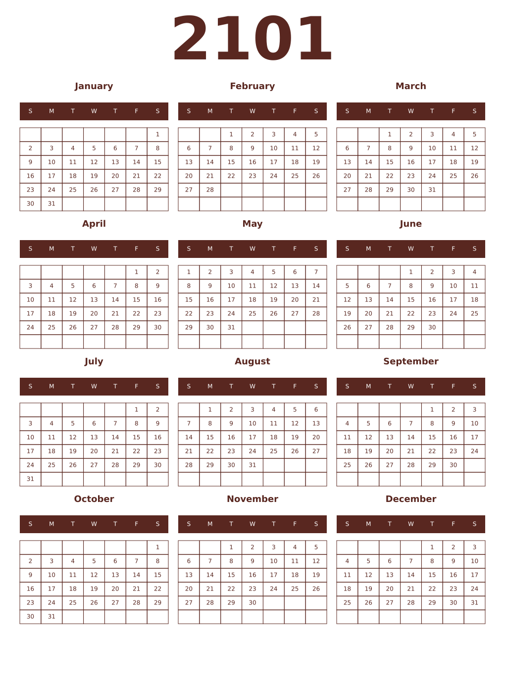 Printable 2101 Year Calendars mortuum