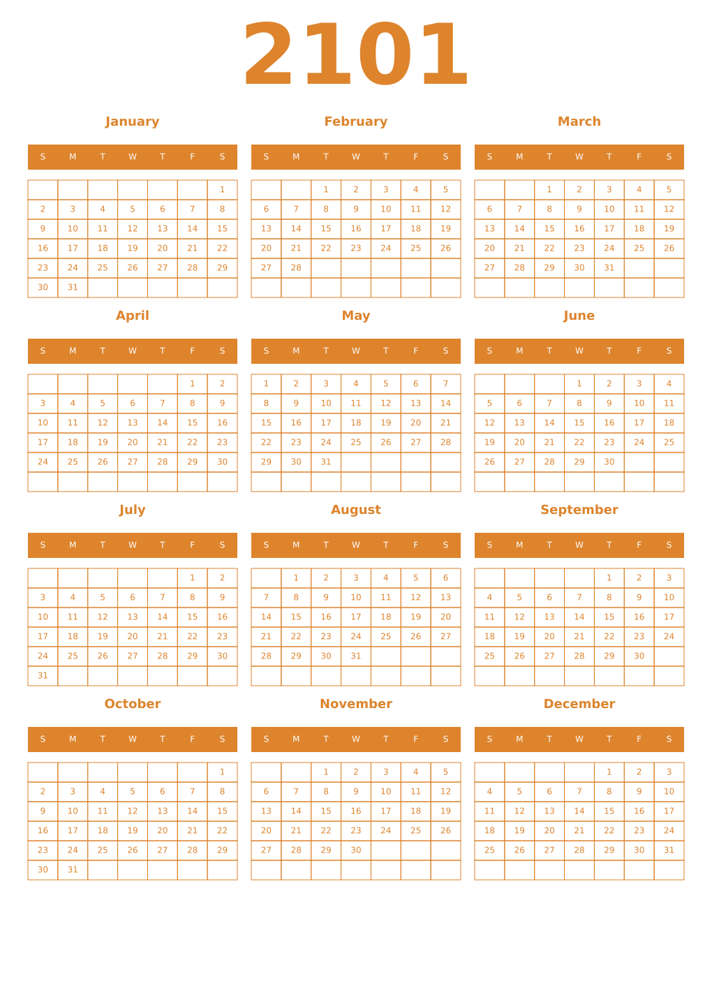 Printable 2101 Year Calendars orange