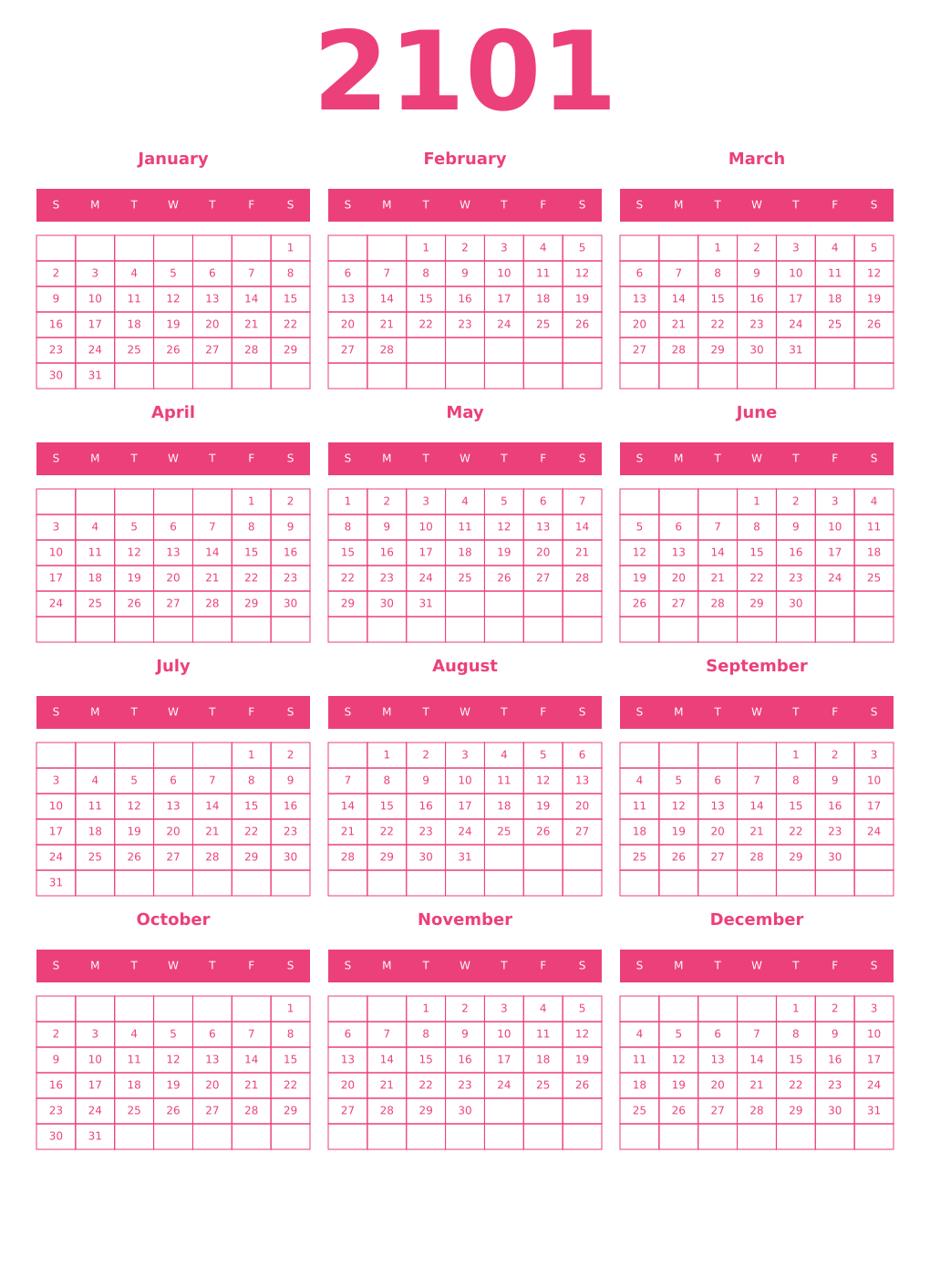 Printable 2101 Year Calendars pink