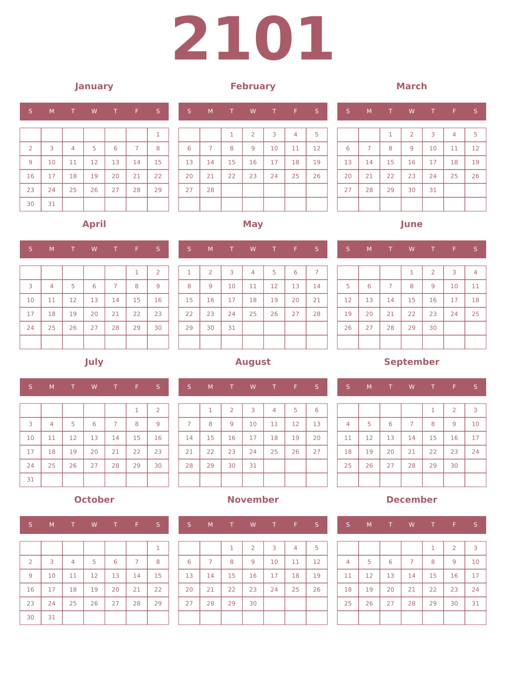 Printable 2101 Year Calendars puce