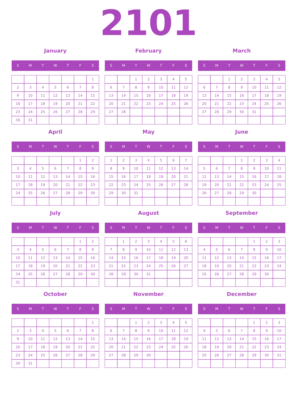 Printable 2101 Year Calendars purple