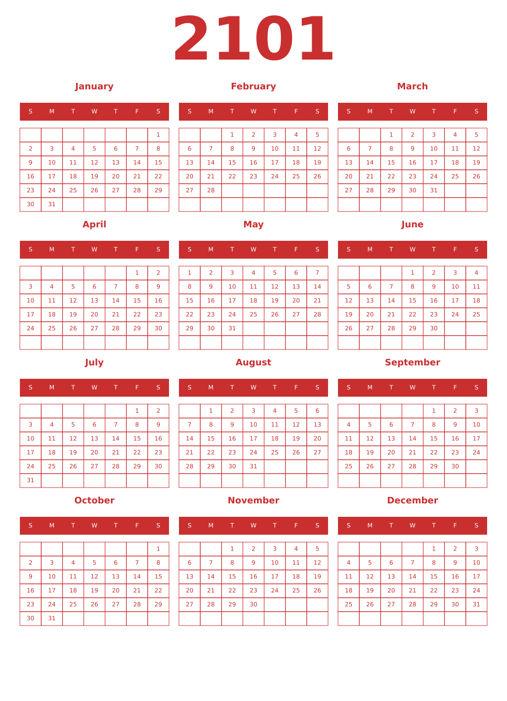 Printable 2101 Year Calendars red