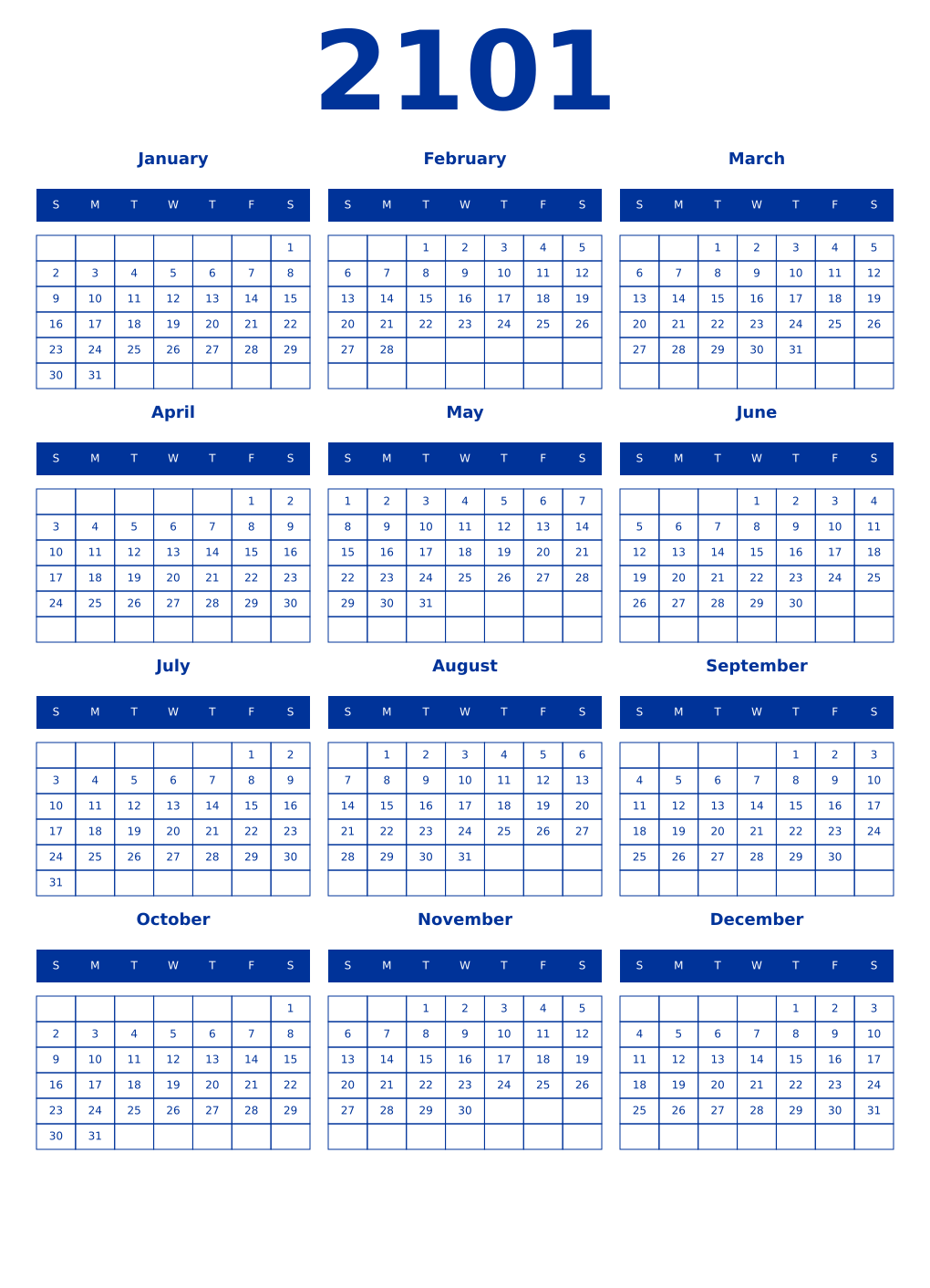Printable 2101 Year Calendars smalt