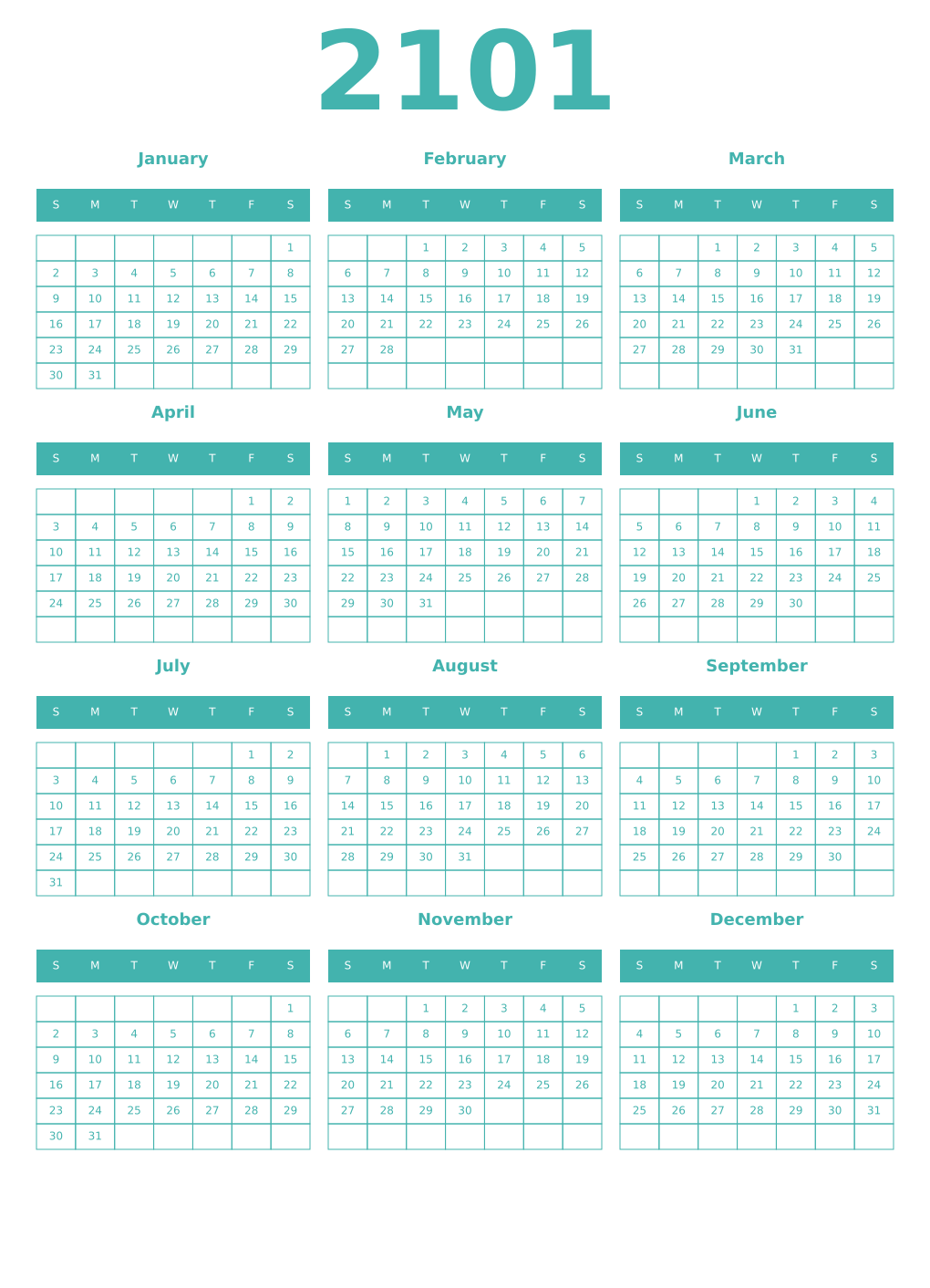 Printable 2101 Year Calendars verdigris