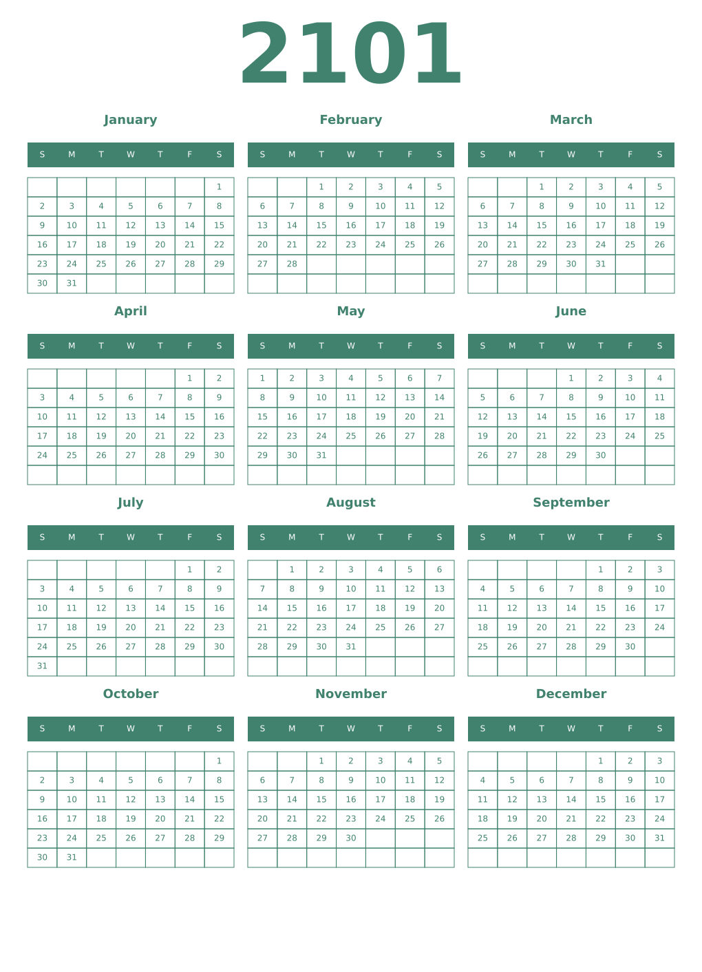 Printable 2101 Year Calendars viridian