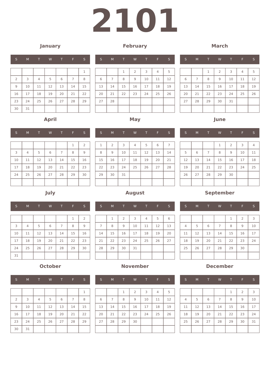 Printable 2101 Year Calendars wenge