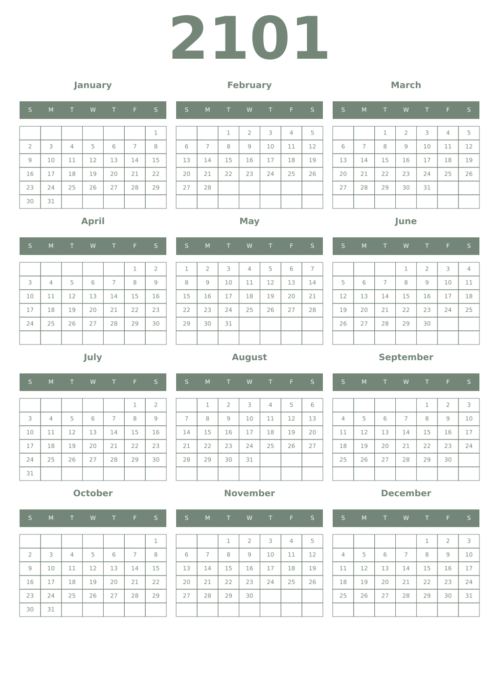 Printable 2101 Year Calendars xanadu