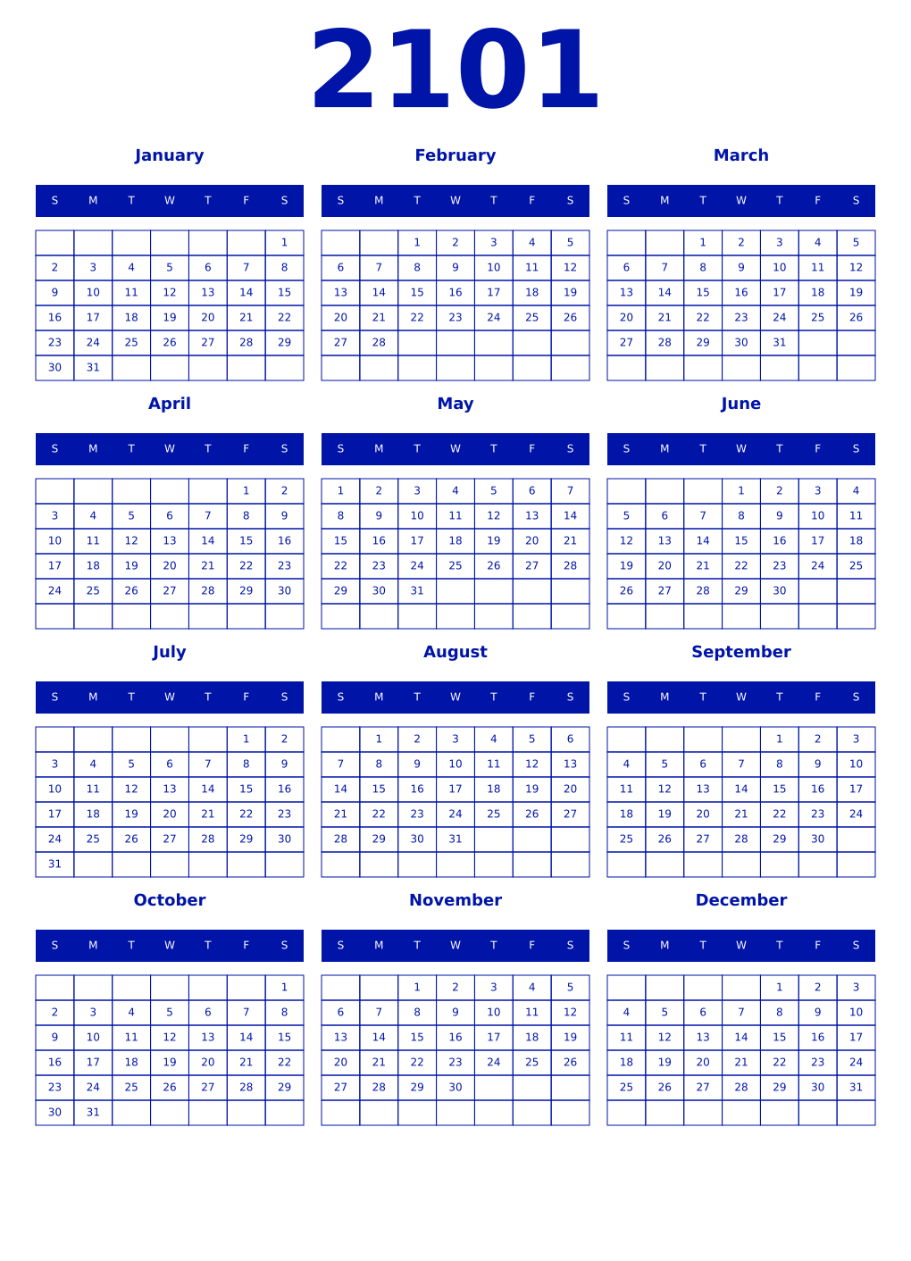 Printable 2101 Year Calendars zaffre