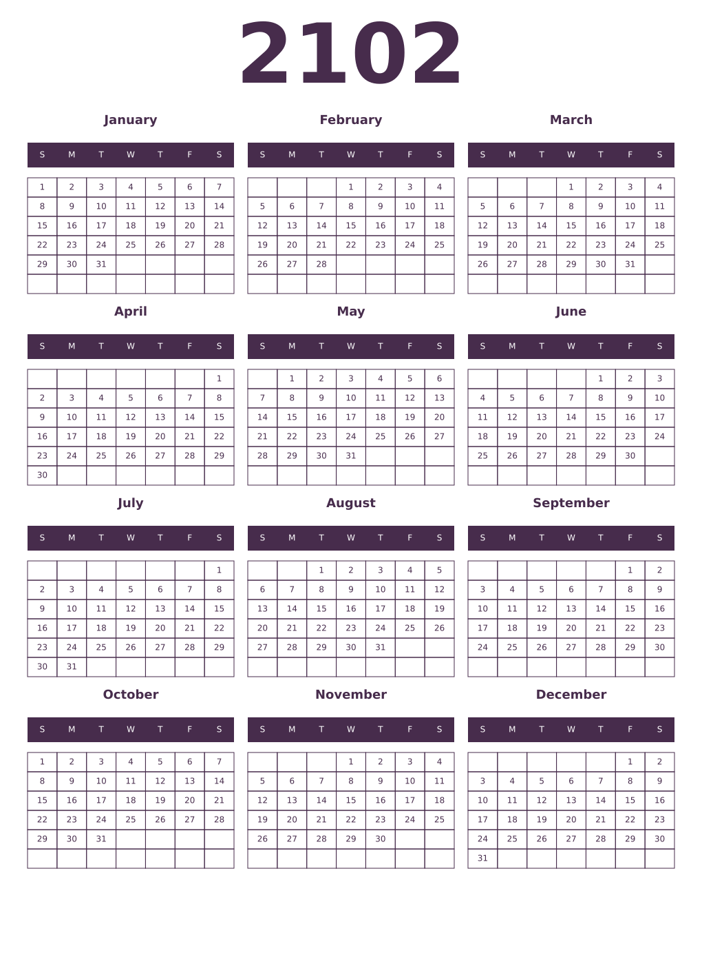 Printable 2102 Year Calendars aubergine
