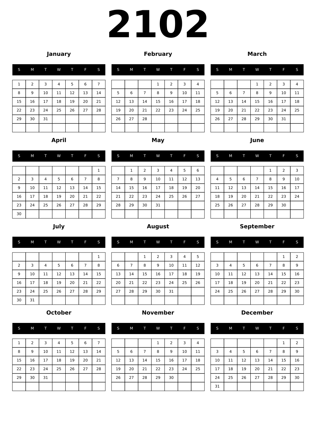 Printable 2102 Year Calendars black