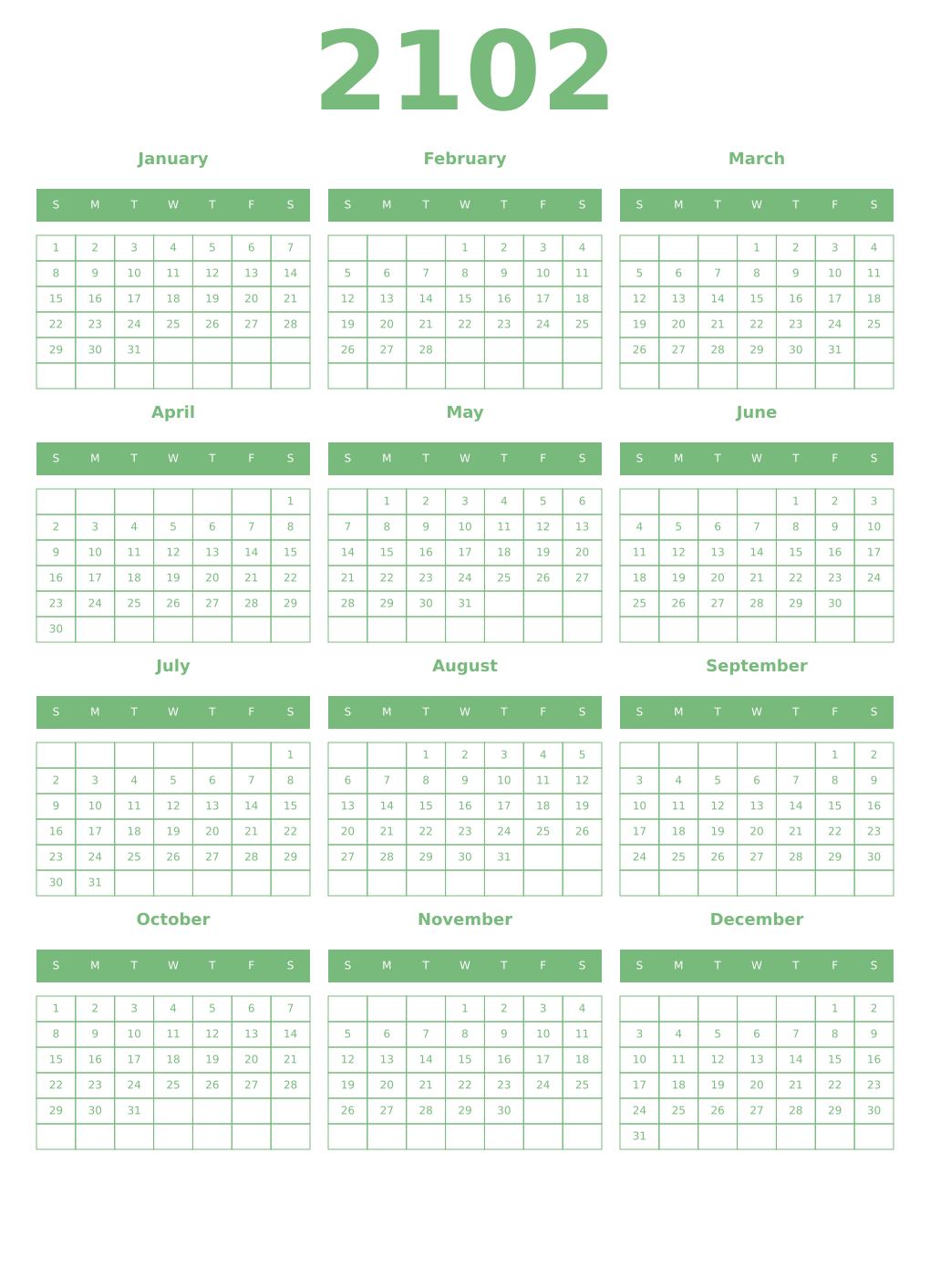 Printable 2102 Year Calendars celadon