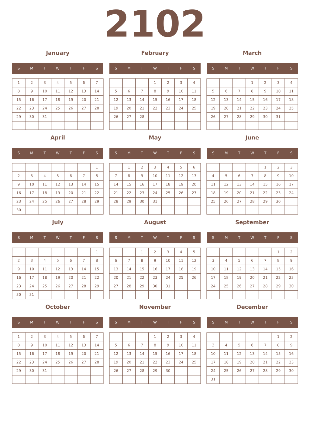 Printable 2102 Year Calendars coffe