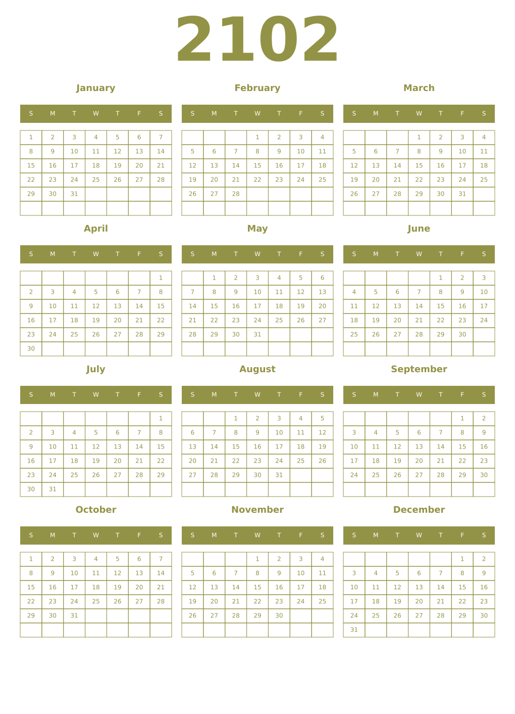 Printable 2102 Year Calendars eburnean