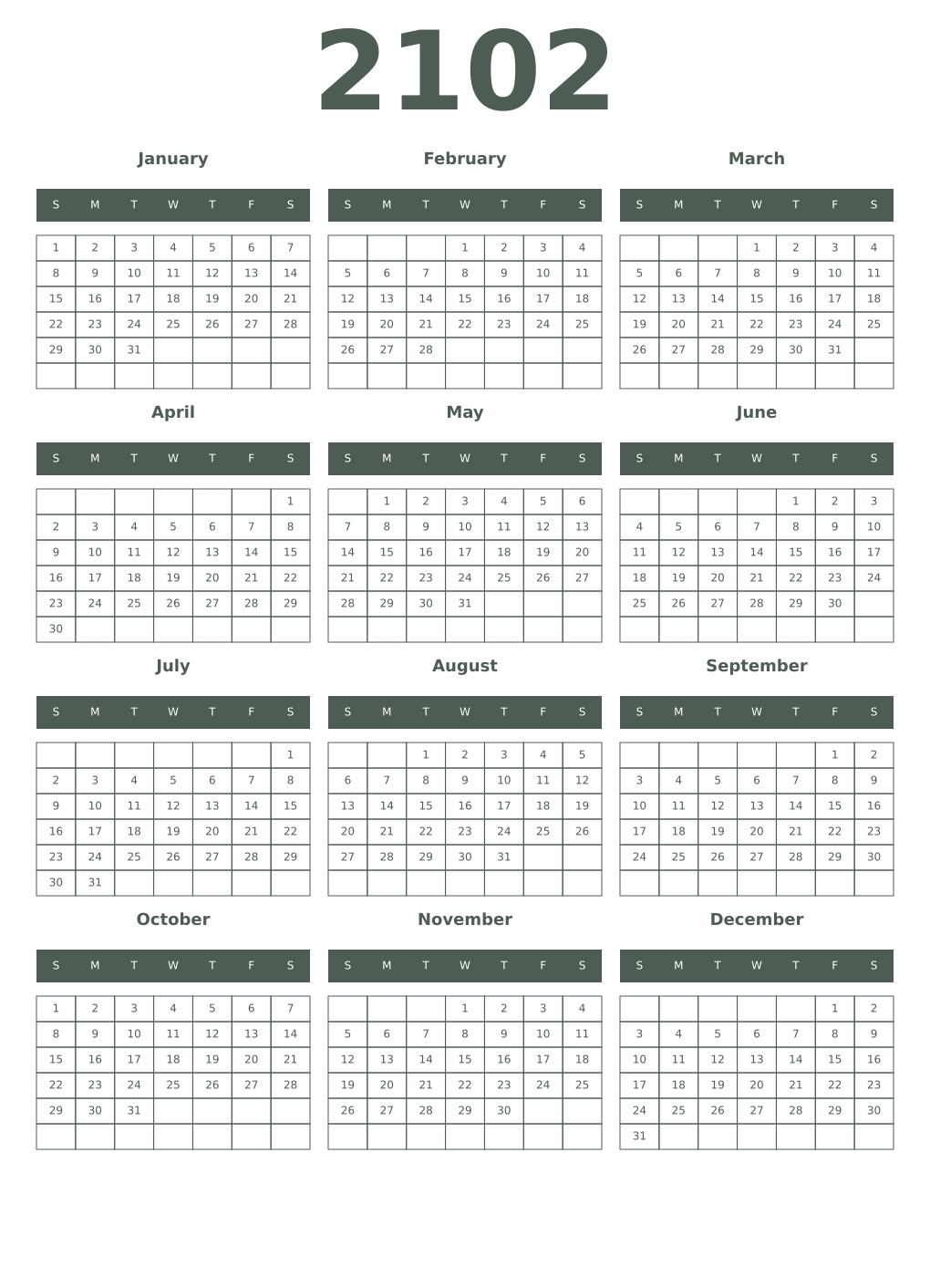 Printable 2102 Year Calendars feldgrau