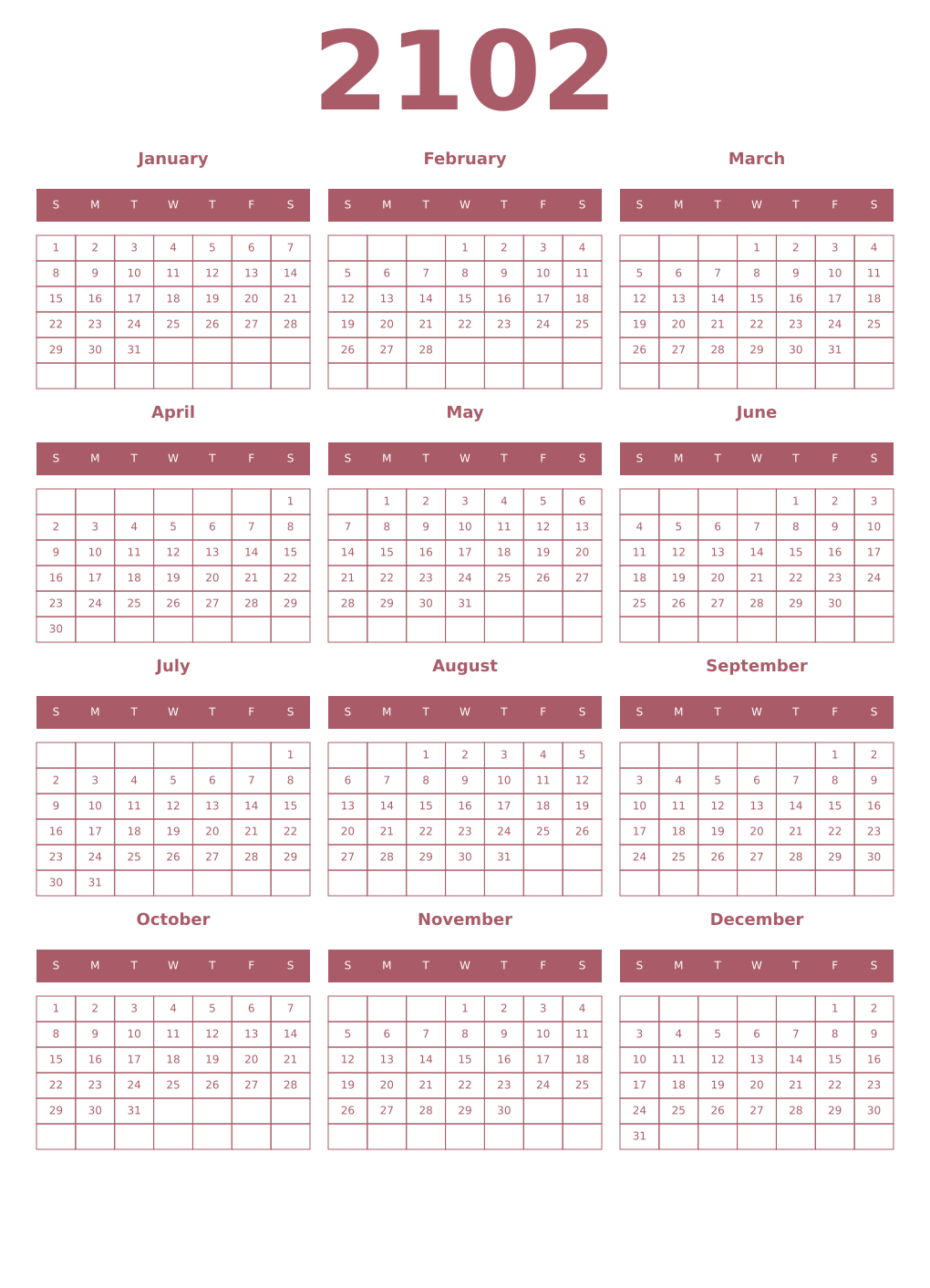 Printable 2102 Year Calendars puce
