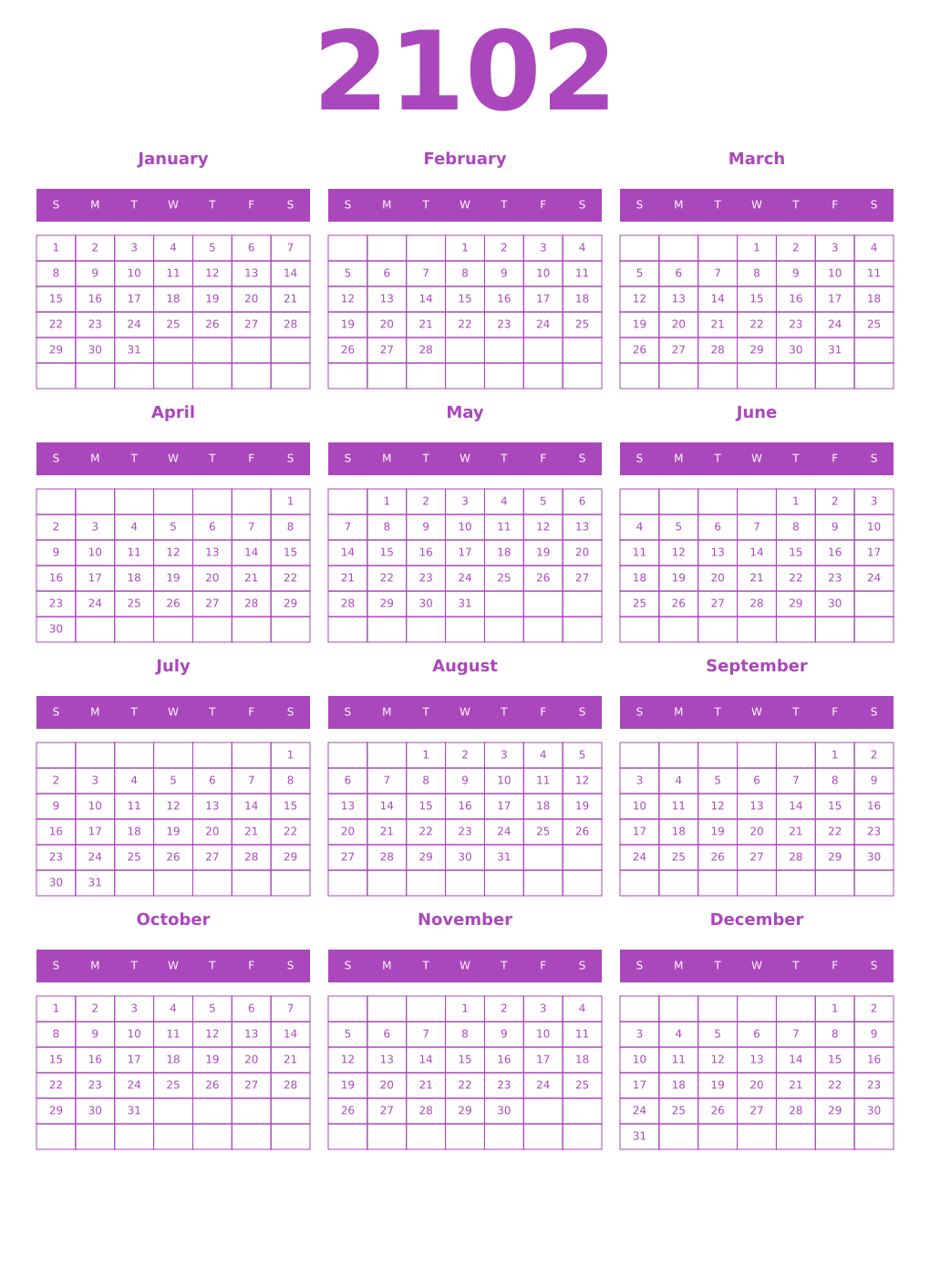 Printable 2102 Year Calendars purple