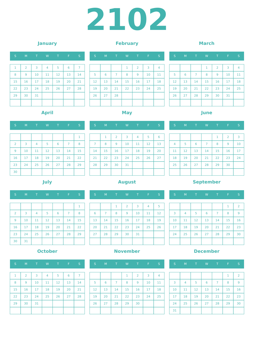 Printable 2102 Year Calendars verdigris