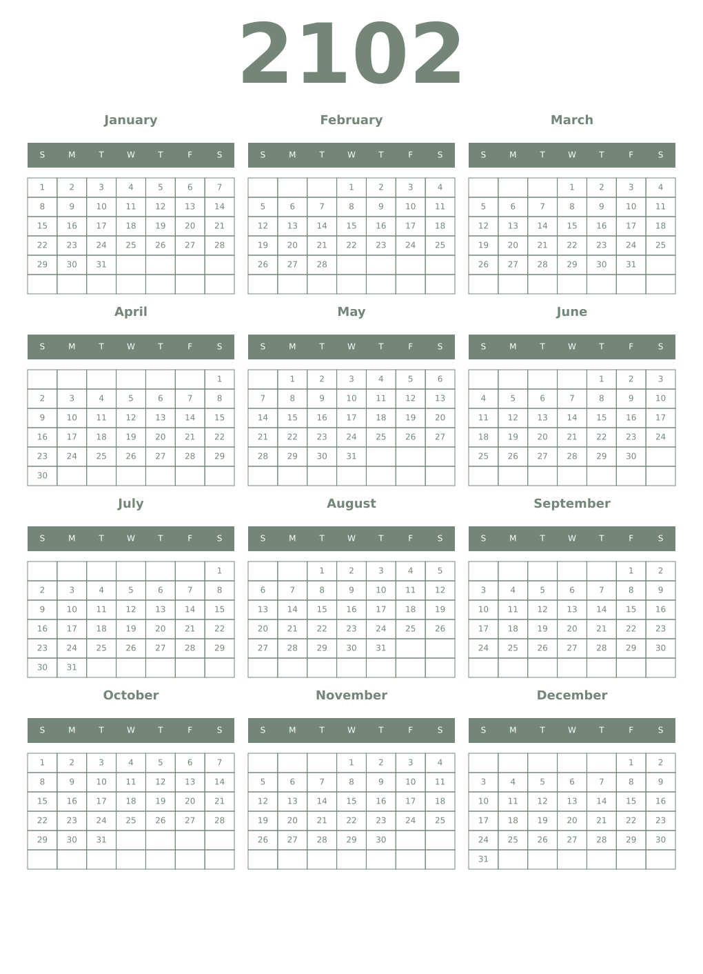 Printable 2102 Year Calendars xanadu