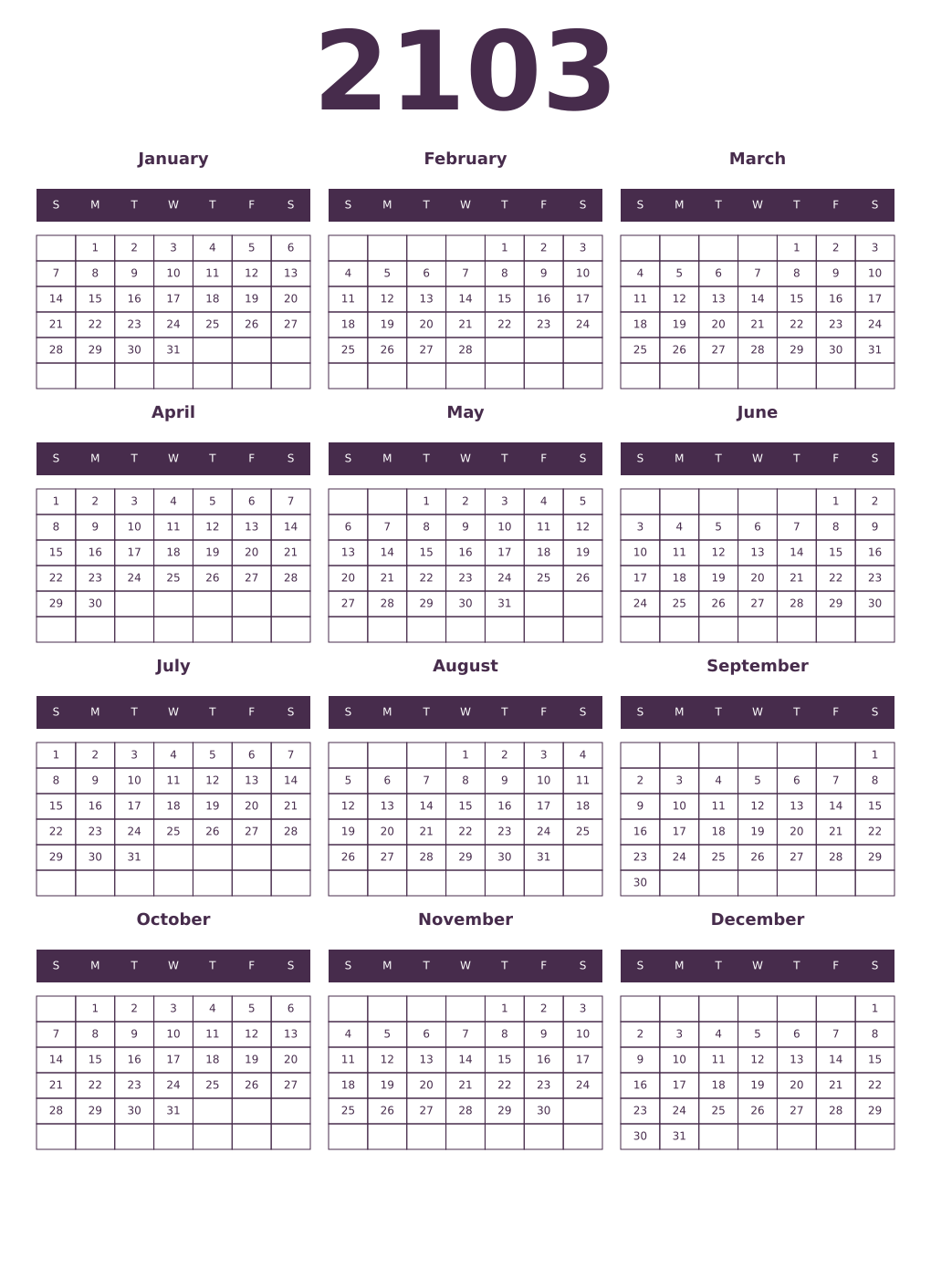 Printable 2103 Year Calendars aubergine