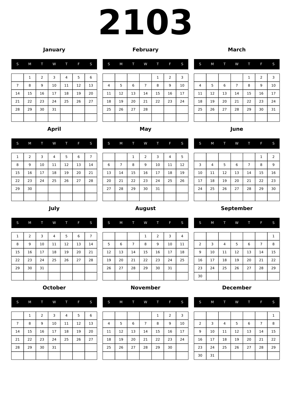 Printable 2103 Year Calendars black