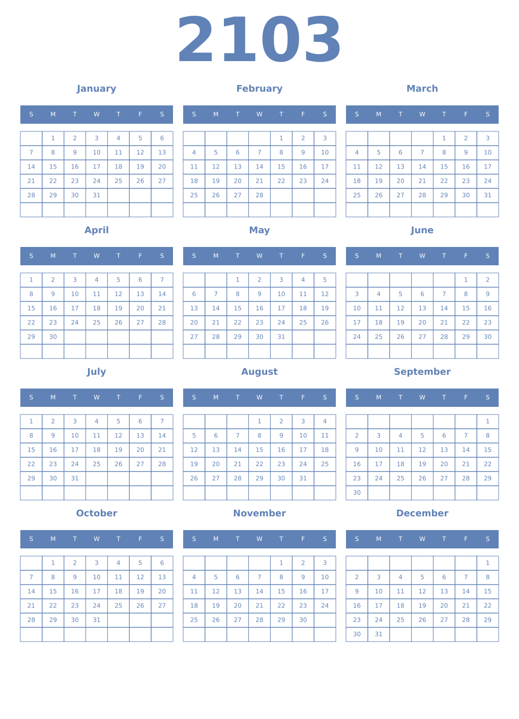 Printable 2103 Year Calendars glaucous