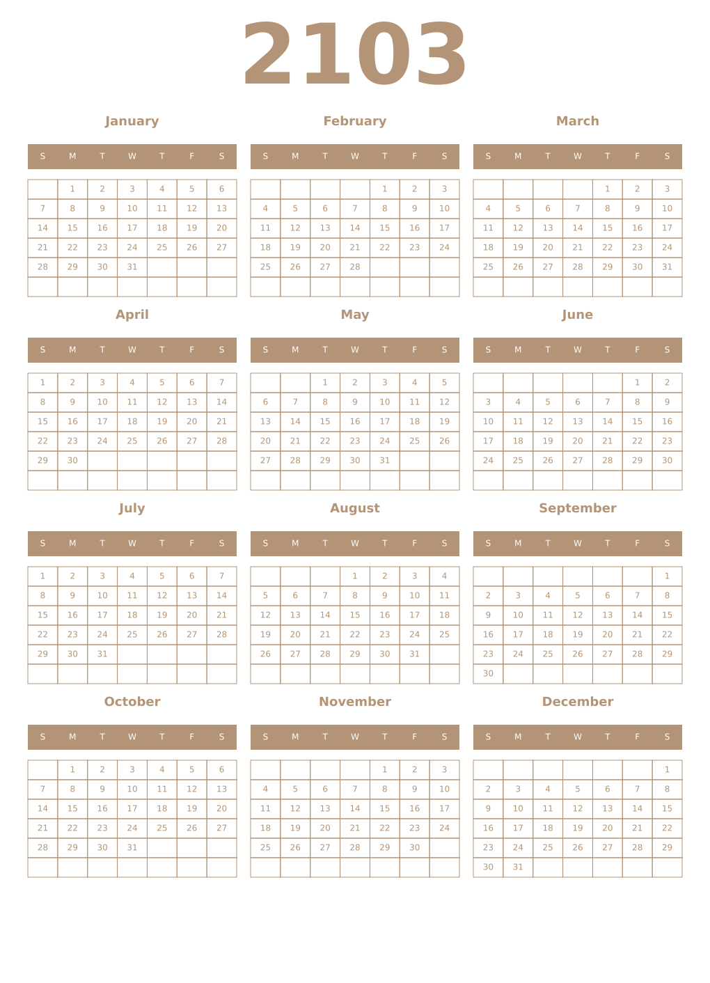 Printable 2103 Year Calendars isabelline