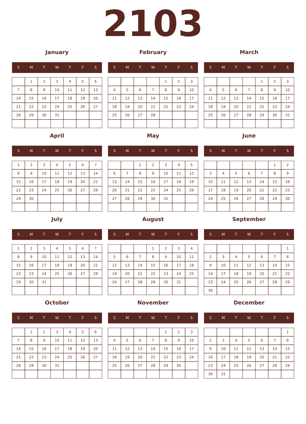 Printable 2103 Year Calendars mortuum