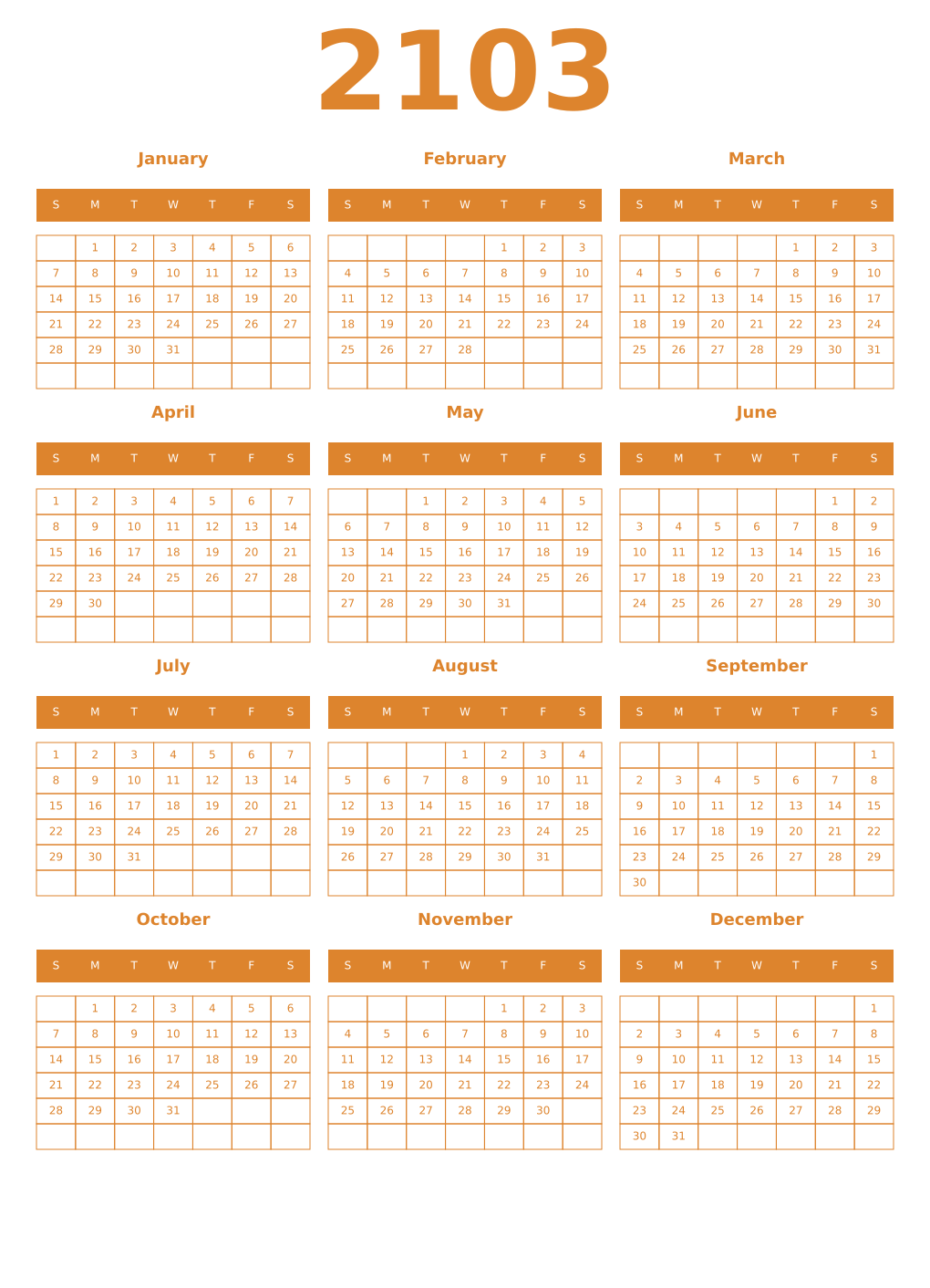 Printable 2103 Year Calendars orange