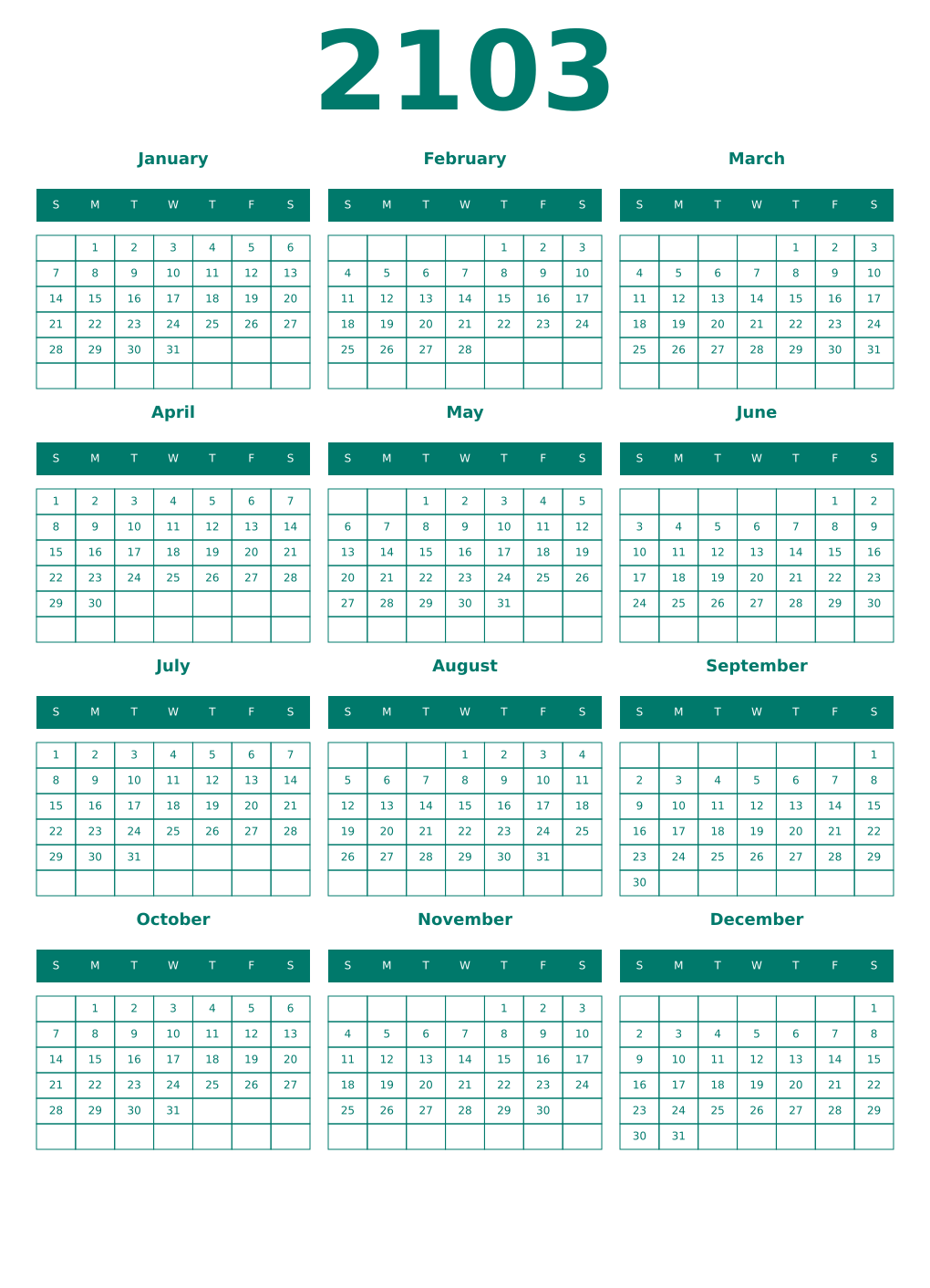 Printable 2103 Year Calendars pastel